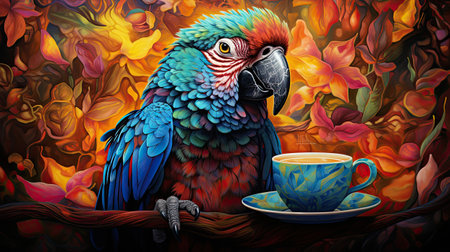 Colorful macaw parrot with cup of coffee on floral backgroundの素材