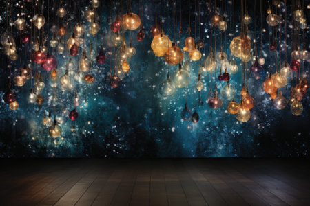 Christmas lights against room with wooden floor and dark wallの素材