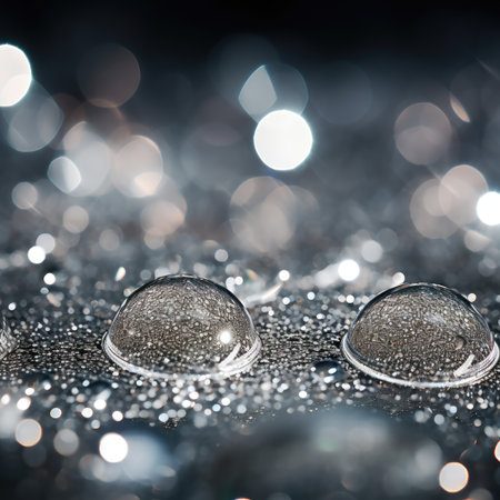 Water drops on a black background with bokeh defocused lightsの素材