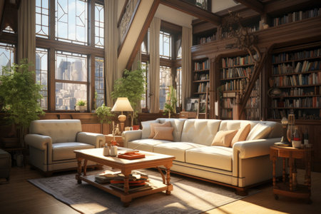 Interior of a living room with a view of the city.の素材