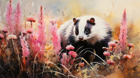 a badger in the meadow with flowers.の素材
