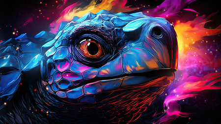 an iguana in a colorful background with fire.の素材