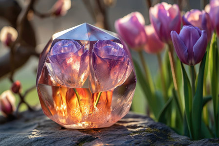 Decorative glass vase with purple tulips in the garden.の素材