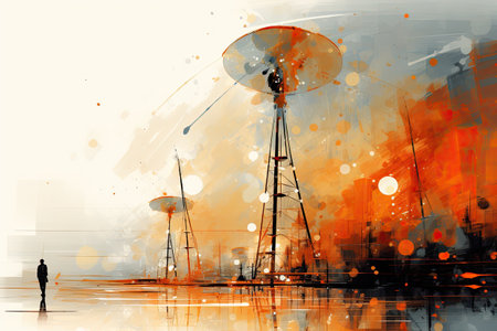 Oil and gas industry. Silhouette of a man on the background of oil pumps.の素材