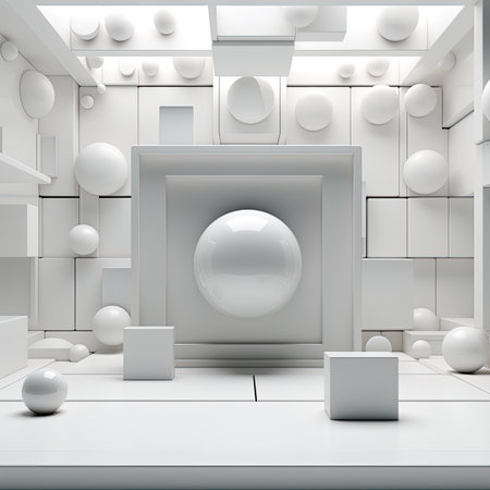 a modern interior with white podiums and ballsの素材