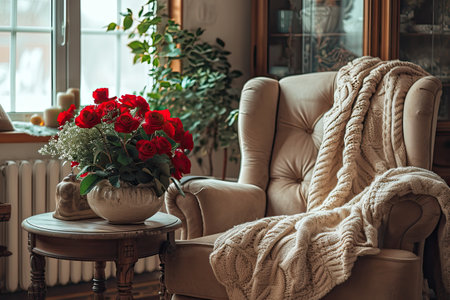 Cozy living room with armchair, sofa and bouquet of red rosesの素材