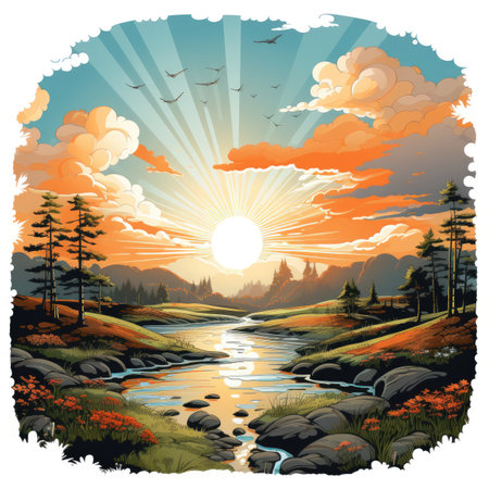 Summer landscape with river, forest and sunsetの素材