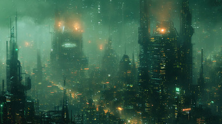 Foggy night cityscape with skyscrapers and high-rise buildingsの素材