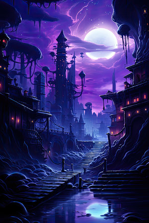 Mysterious city in the moonlight.の素材