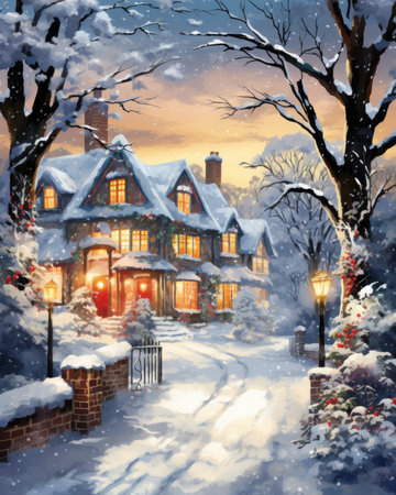 Winter landscape with snow covered houses and street lamps.の素材