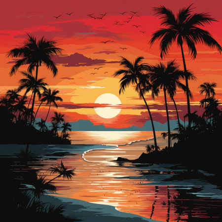 Tropical beach with palm trees at sunsetの素材