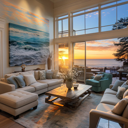 Luxury living room with a beautiful view of the sea.の素材