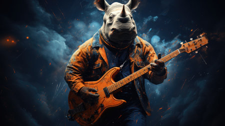 Man with a rhinoceros head and electric guitar on fire backgroundの素材