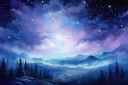 Fantasy landscape with mountains, forest and blue sky with stars.の素材