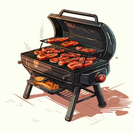 Barbecue grill with grilled meat. Vector illustration in cartoon style.の素材