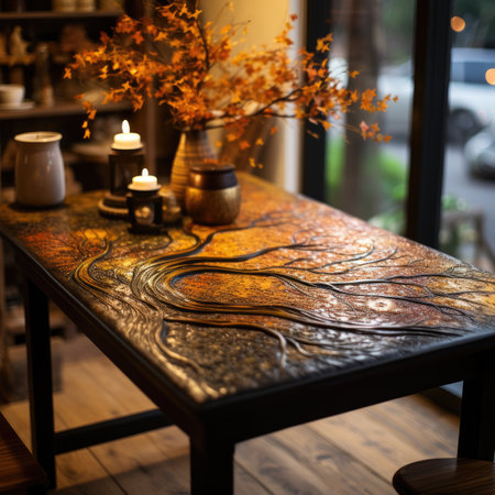 Interior of a restaurant with a wooden table, candles and flowersの素材