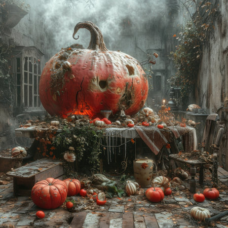 Scary Halloween background with pumpkins, candles and autumn leaves.の素材