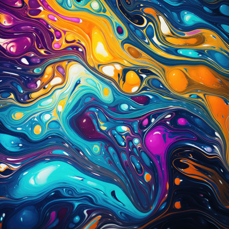 Abstract background of acrylic paint in blue, orange, yellow and purple tonesの素材