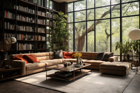 Interior design of living room with bookshelf, sofa and coffee tableの素材