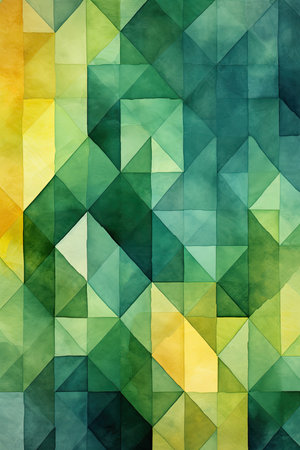 Abstract watercolor background with green, yellow, brown and blue trianglesの素材