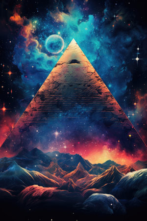 Fantasy landscape with a pyramid in space.の素材