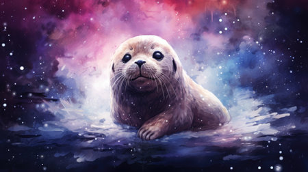 Watercolor illustration of a seal on a dark background with stars.の素材