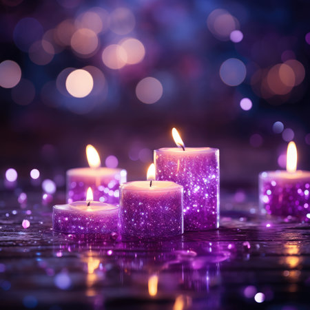 Burning candles with bokeh background, christmas decoration.の素材