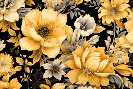 pattern with yellow and white flowers on black background.の素材