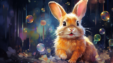 Happy easter! Cute rabbit with soap bubbles on a dark backgroundの素材