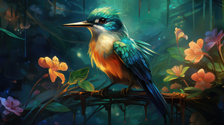 a kingfisher sitting on a branch with flowersの素材