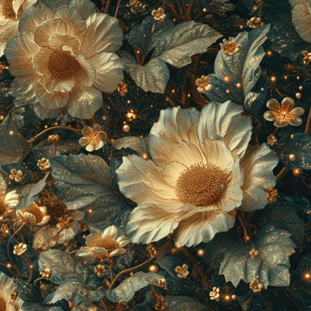 Vintage floral background with flowers and golden lights.の素材