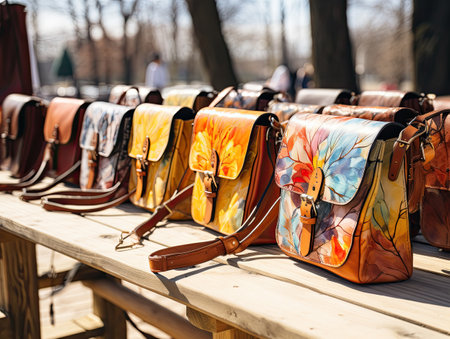 Many colorful leather handbags on a wooden bench in the park.の素材