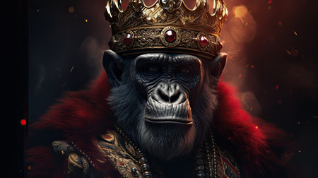 Gorilla king with golden crown and red fur on dark backgroundの素材