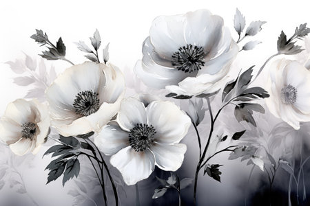poppy flowers in watercolor painting style on a white background, black and whiteの素材