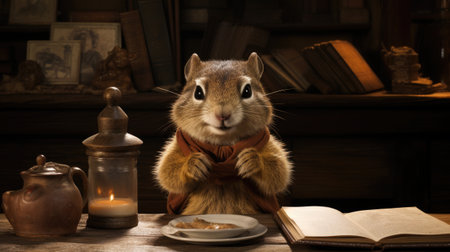 Cute squirrel sitting on a wooden table with a book and a candleの素材