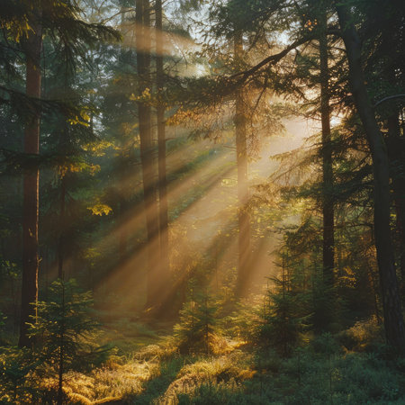Beautiful sunrise in the forest. Sun rays through the trees.の素材