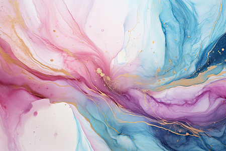 Alcohol ink abstract background. Blue, pink and gold liquid texture.の素材