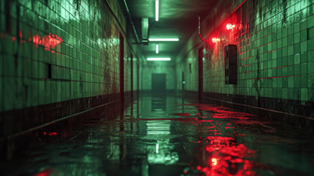 Dark corridor with red lights and reflections.の素材