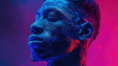 Close-up portrait of a man's face in blue and pink neon light.の素材