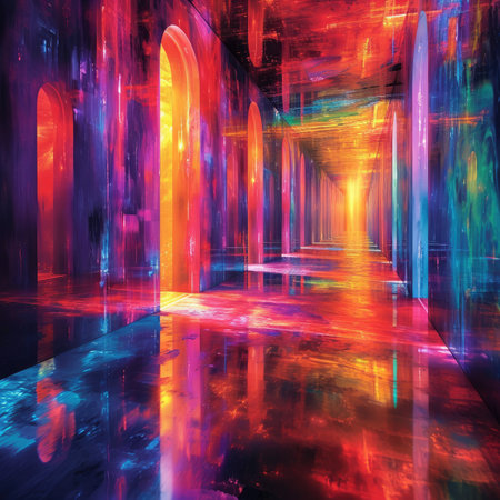 Futuristic corridor with glowing lights and reflections.の素材