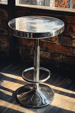 Round metal table in a cafe or restaurant. Light from the window.の素材