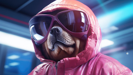 Cute dog wearing a pink leather jacket and sunglasses.の素材