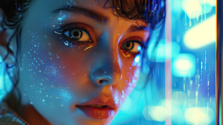 Close-up portrait of a beautiful girl with blue eyes.の素材