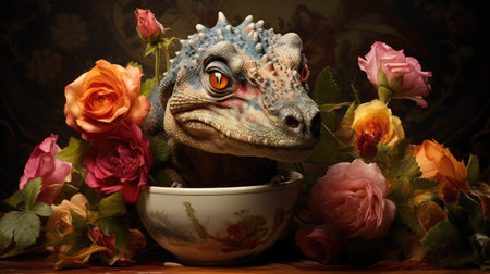 Dinosaur in a flower pot with roses on a dark background.の素材