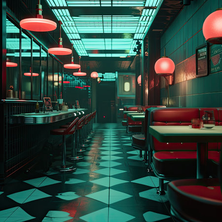 3d render of cafe interior with red and black tile floor.の素材