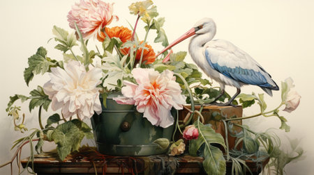 Bouquet of flowers in vase and stork on tableの素材