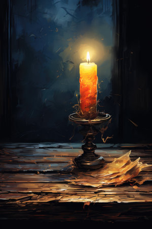 Burning candle in a candlestick on a dark background.の素材