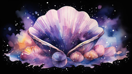 seashells on a dark background with watercolor splashesの素材
