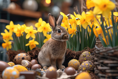Easter bunny and easter eggs in nest with daffodilsの素材