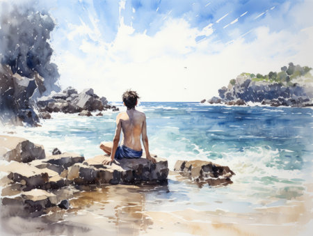 Watercolor Young man meditating on the beach.の素材